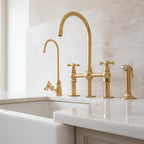 Unlacquered Brass Bridge Kitchen Faucet – Solid Brass Farmhouse Tap with Sprayer