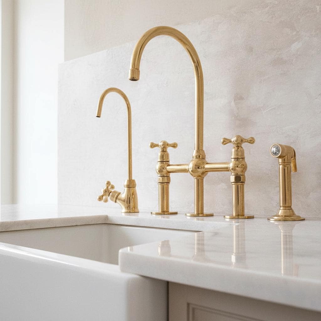 Unlacquered Brass Bridge Kitchen Faucet – Solid Brass Farmhouse Tap with Sprayer