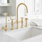 Unlacquered Brass Bridge Kitchen Faucet – Solid Brass Farmhouse Tap with Sprayer