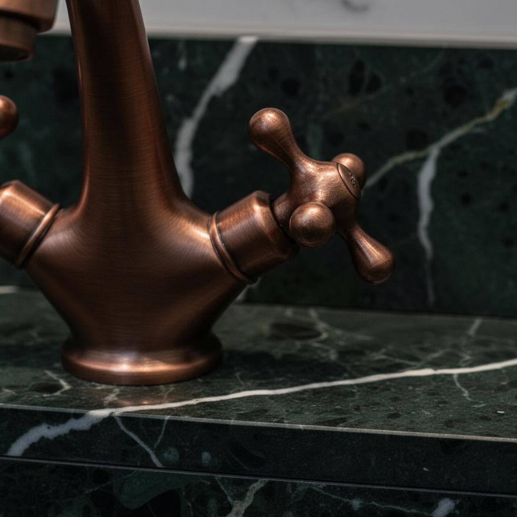 Bronze faucet on a dark marble surface