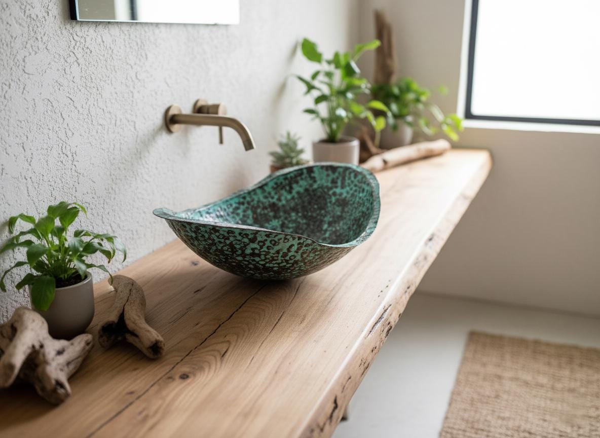 Handmade Sculpted Turquoise Patina Copper Vessel Sink for Artistic Luxury Bathroom Vanity Designs