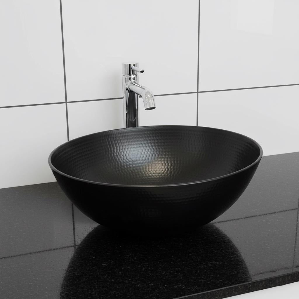 Handmade Hammered Round Vessel Sink Solid Copper Basin with Matte Black Finish for Elegant Luxury Interiors