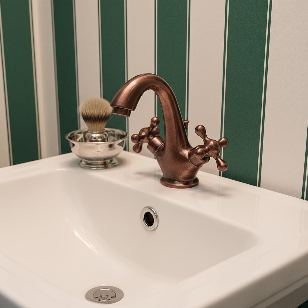 Bronze faucet on a white sink with a striped green and white wall in the background
