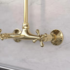 Unlacquered Brass Wall Mount Faucet – Handmade Solid Brass Gooseneck Kitchen Tap with Cross Handles for Farmhouse Sink