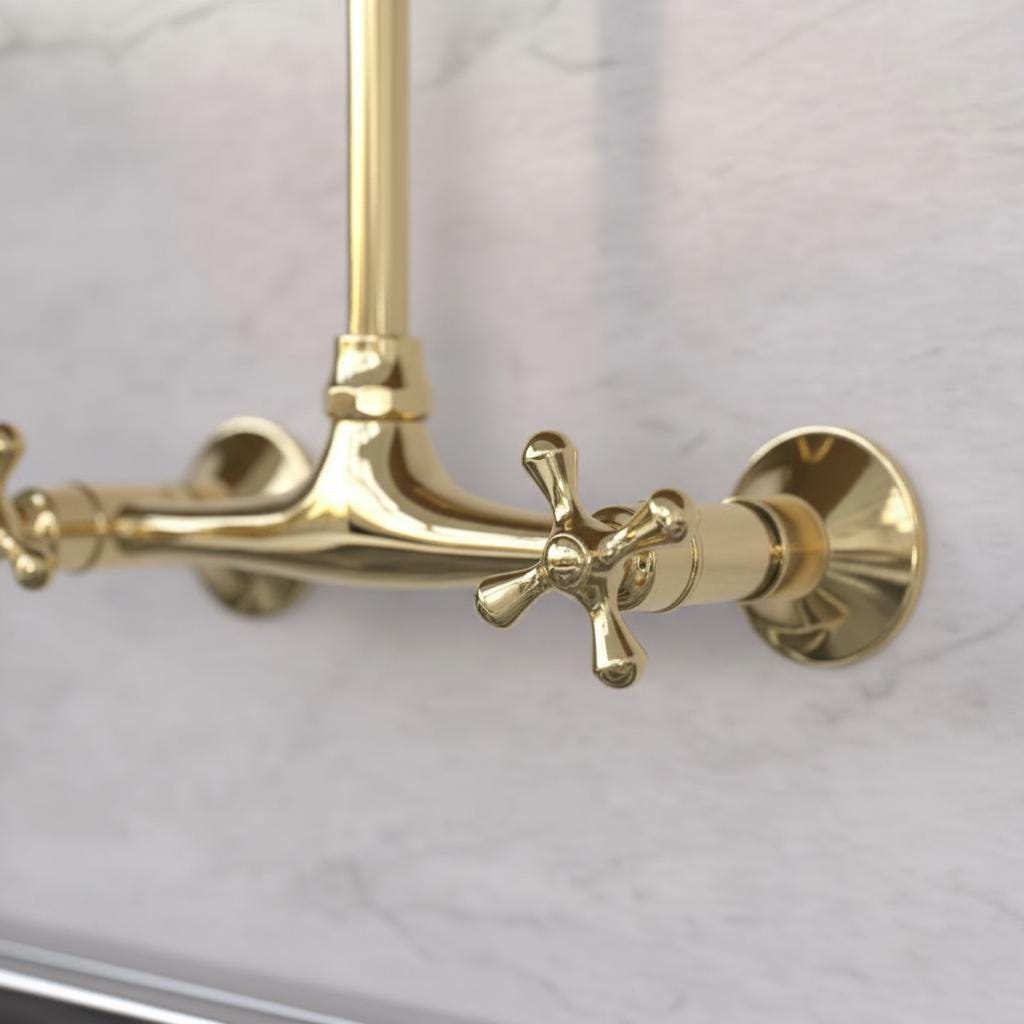 Unlacquered Brass Wall Mount Faucet – Handmade Solid Brass Gooseneck Kitchen Tap with Cross Handles for Farmhouse Sink