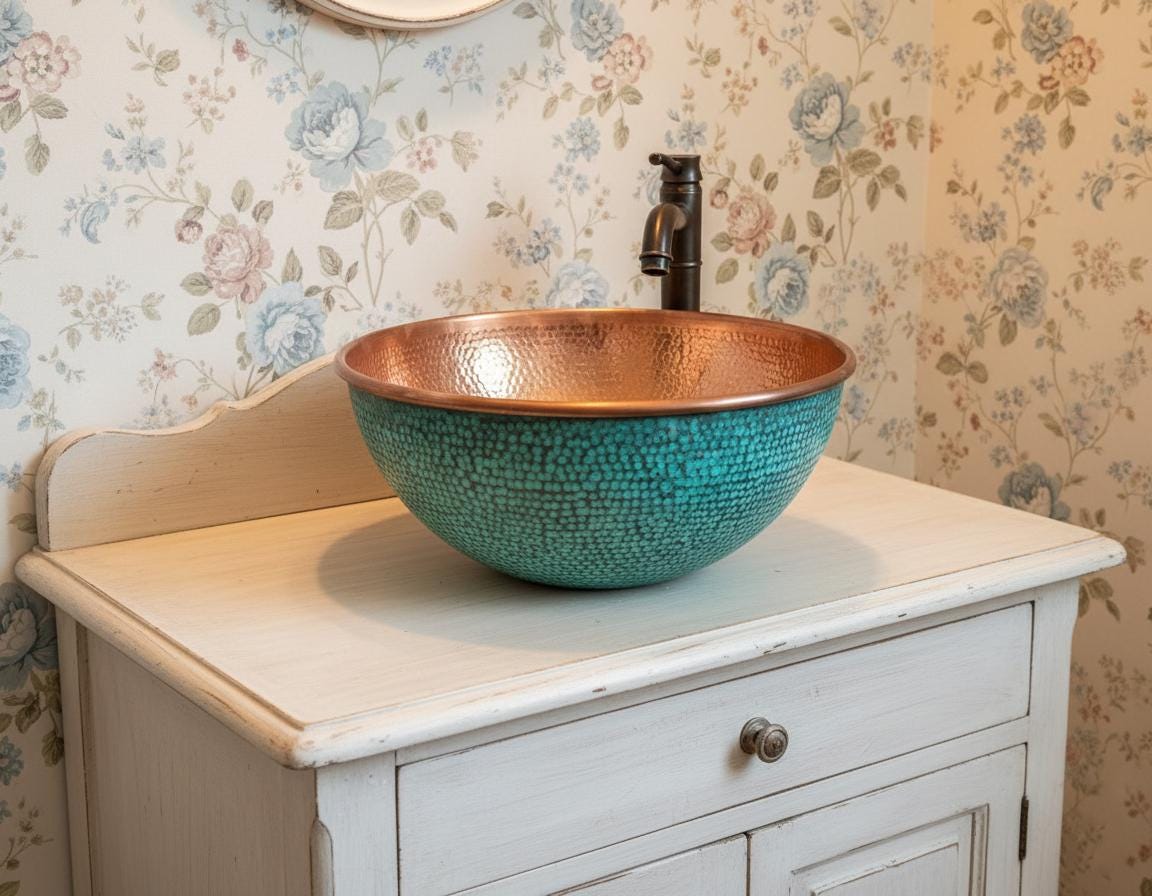 Handmade Turquoise Patina Copper Vessel Sink with Hammered Interior for Modern Bathroom Vanity Decor