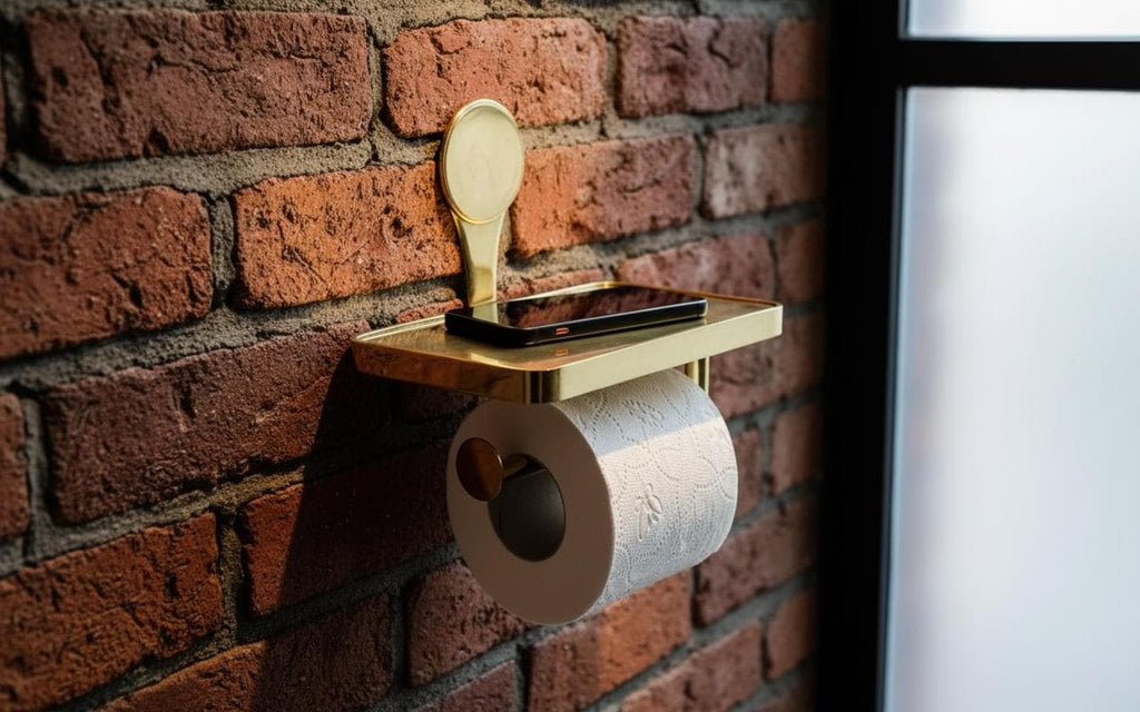 Gold toilet paper holder with roll against a brick wall