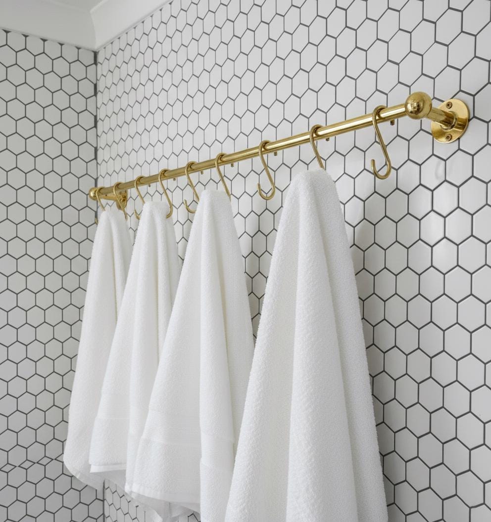 Solid Brass Kitchen Rail with Hooks – Unlacquered Hanging Utensil Bar for Wall