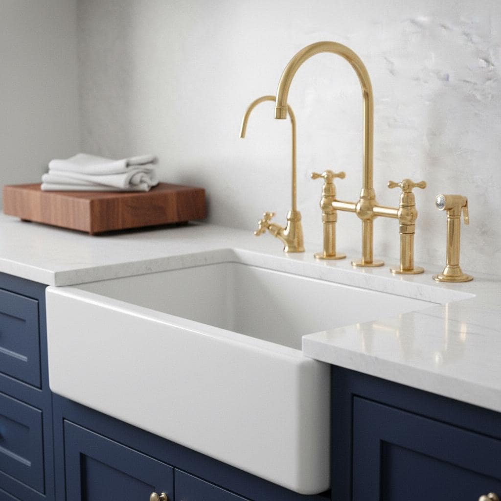 Unlacquered Brass Bridge Kitchen Faucet – Solid Brass Farmhouse Tap with Sprayer
