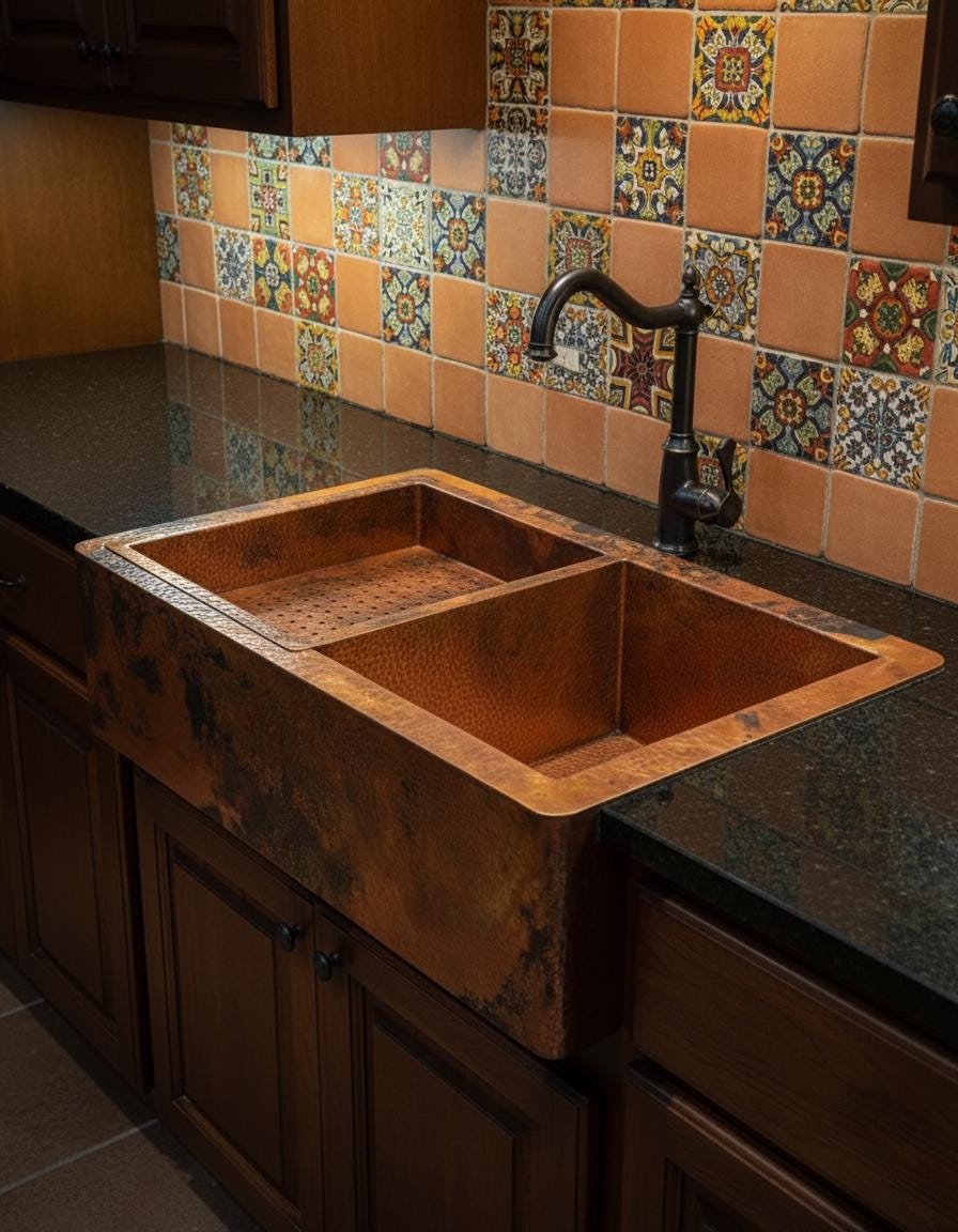 Copper Farmhouse Kitchen Sink – Double Basin Apron Front Workstation with Hammered Texture