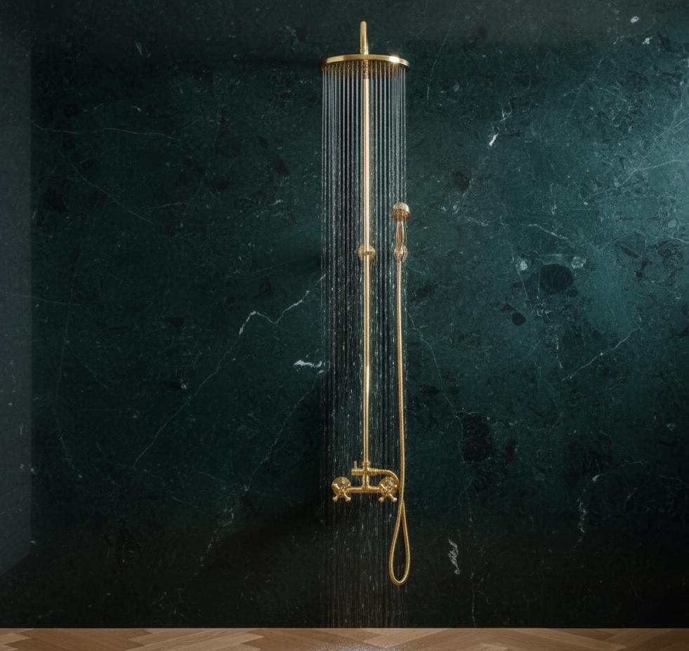 Unlacquered Brass Rainfall Shower with Handheld Sprayer & Cross Handles, Exposed Shower System