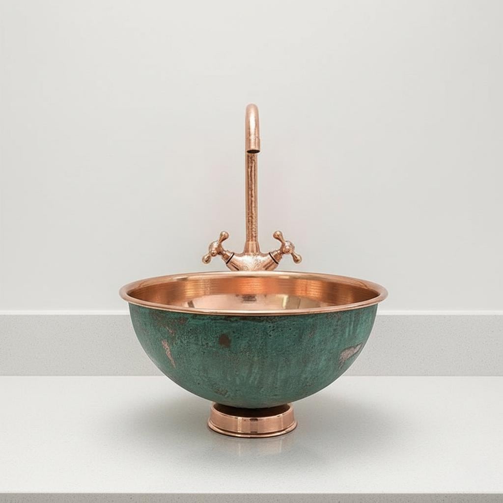 Handmade Turquoise Patina Copper Vessel Sink with Faucet for Luxury Bathroom Vanity Decor