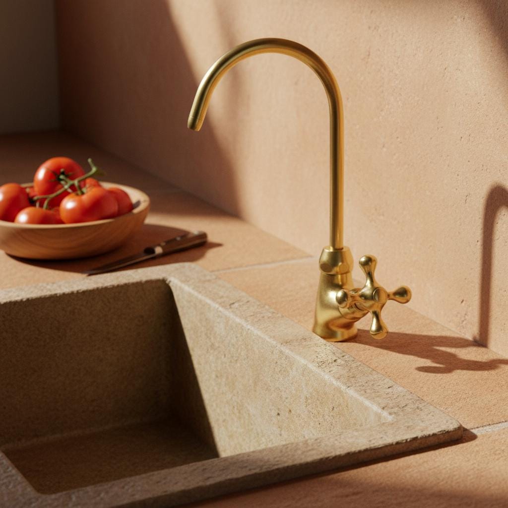 Gold faucet over a stone sink with tomatoes in the background