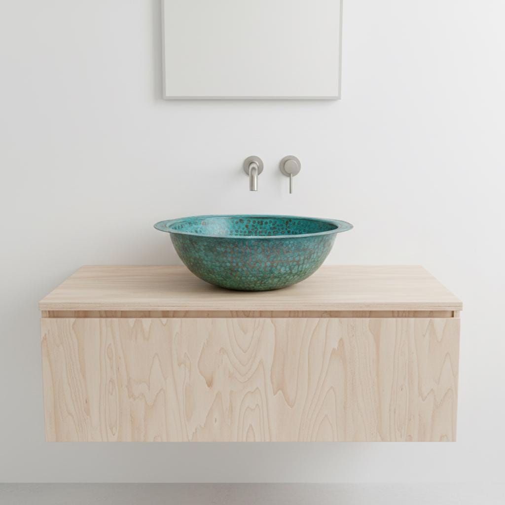 Handmade Round Verdigris Copper Vessel Sink with Green Patina Hammered Finish for Bathroom Vanity