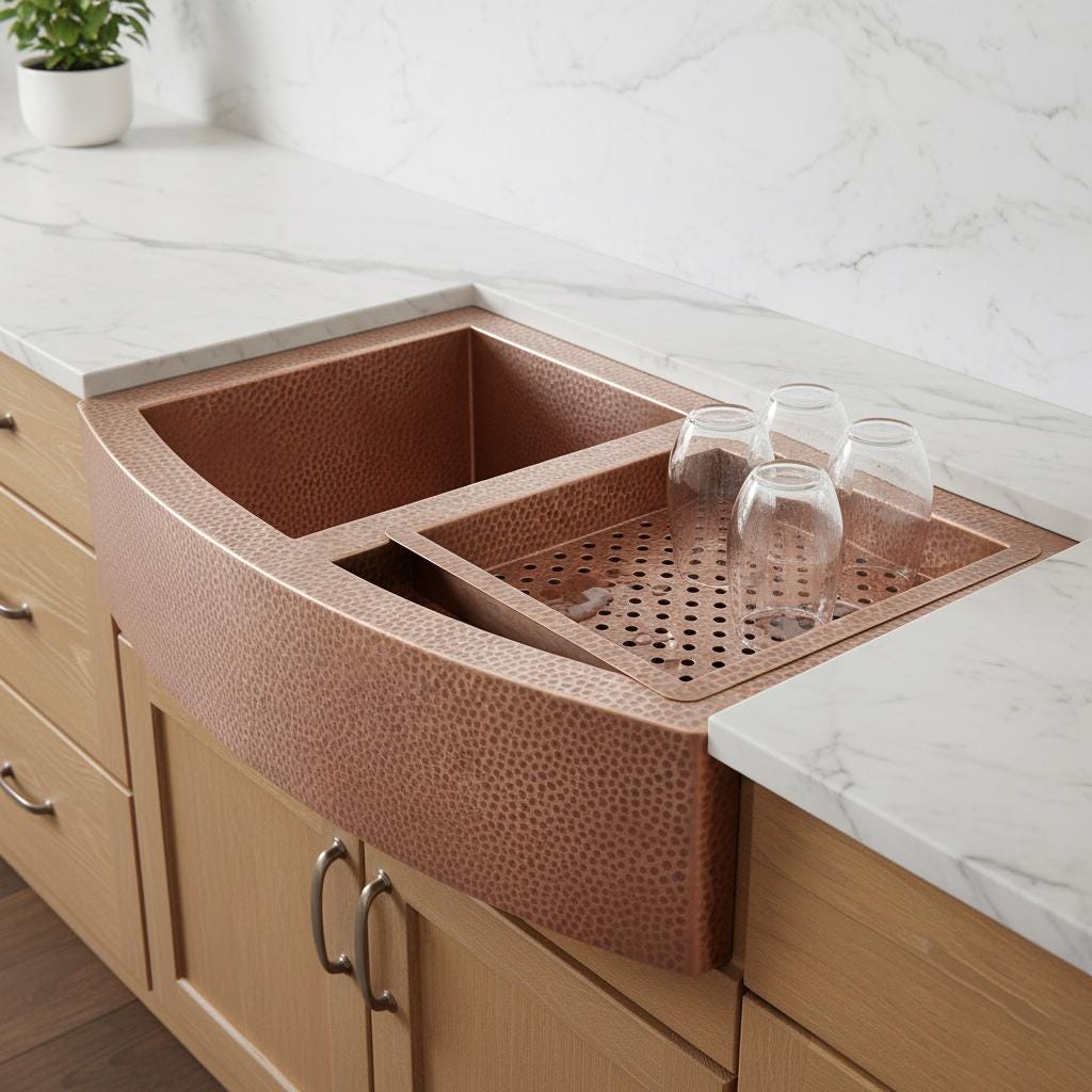 Handmade Hammered Copper Farmhouse Workstation Sink with Apron Front and Removable Prep Tray