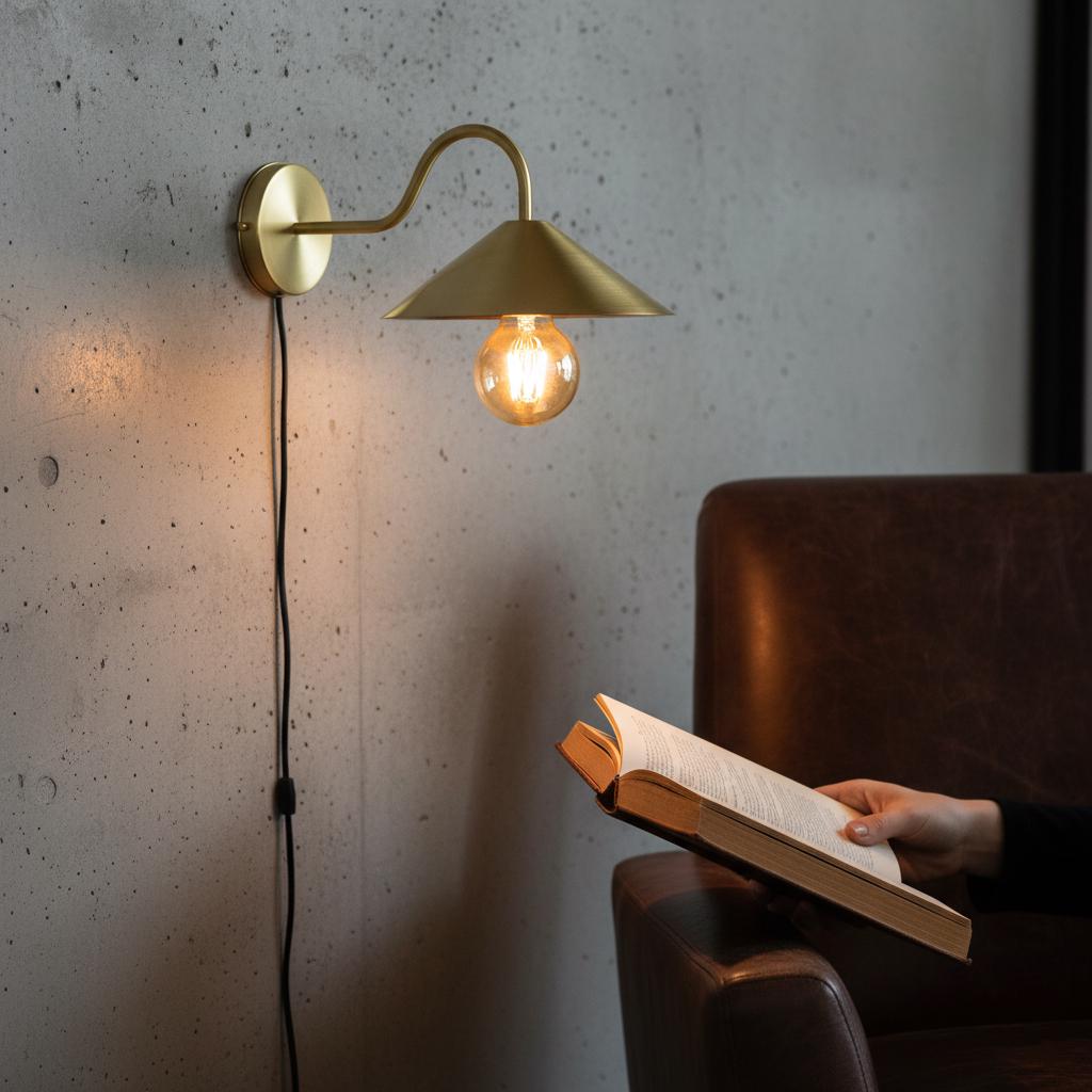 Unlacquered Brass Wall Light – Handmade Cone Shade Sconce with Curved Arm for Outdoor & Indoor