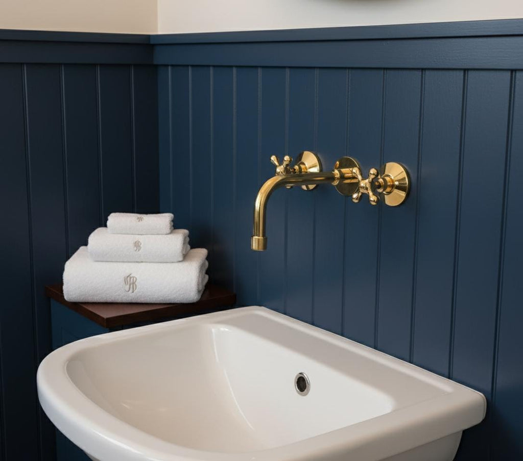 Unlacquered Solid Brass Wall Mount Faucet – Handmade Cross Handle Bathroom or Vanity Sink Mixer