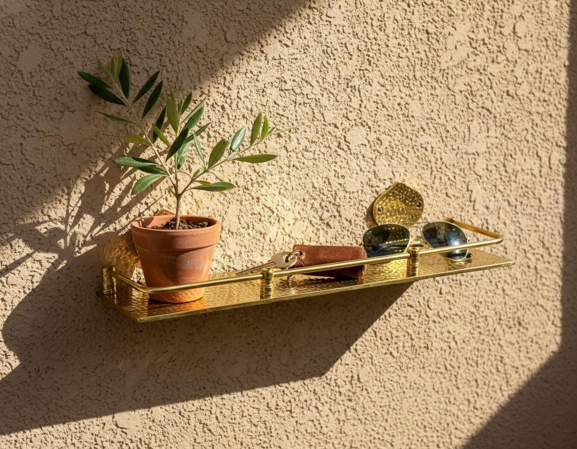 Handmade Hammered Brass Wall Shelf with Decorative Mounts for Luxury Bathrooms