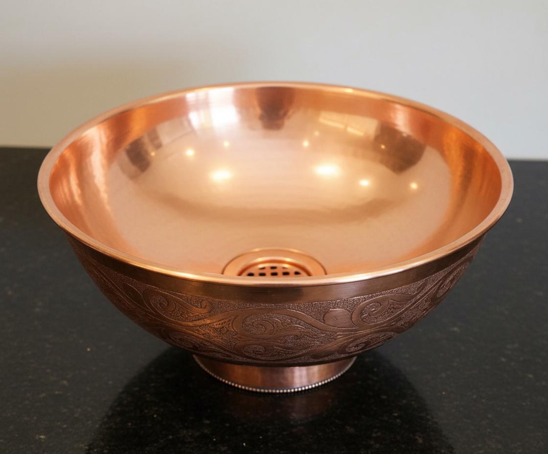 Handmade Solid Copper Vessel Sink with Engraved Bowl Design, Bathroom Vanity Countertop Basin