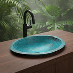 Handcrafted Oval Copper Vessel Basin with Turquoise Patina for Luxury Bathroom Vanity