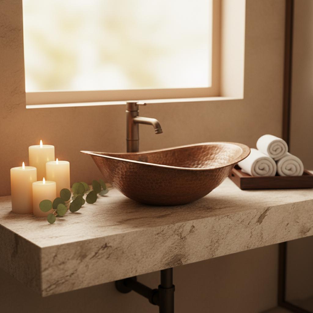 Handmade Hammered Copper Vessel Sink: Oval Bathroom Countertop Basin, Rustic Farmhouse Copper Wash Bowl