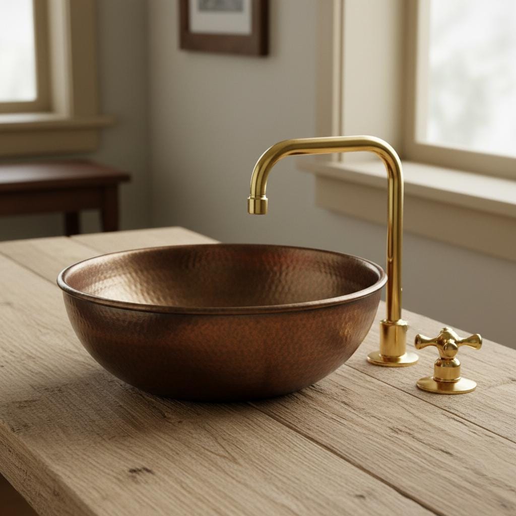 Copper sink with gold faucet on a wooden surface
