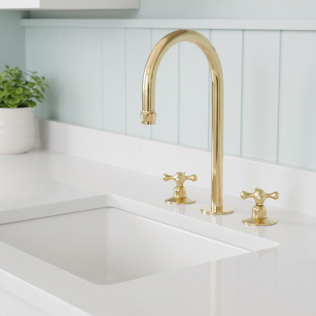 Unlacquered Brass Kitchen Faucet, Solid Brass Bridge Mixer Tap with Cross Handles for Farmhouse Sink