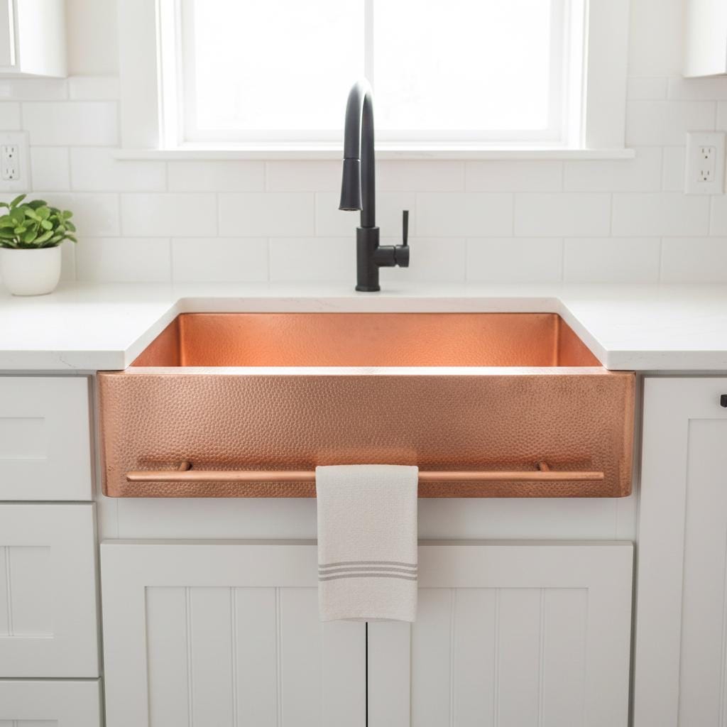 Handmade Rectangular Farmhouse Apron Front Copper Sink with Integrated Towel Bar