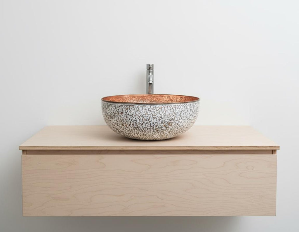 Handmade White Crackle Patina Copper Vessel Sink with Hammered Interior for Stylish Luxury Bathrooms