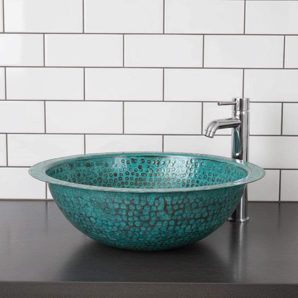 Handmade Round Verdigris Copper Vessel Sink with Green Patina Hammered Finish for Bathroom Vanity
