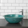Handmade Round Verdigris Copper Vessel Sink with Green Patina Hammered Finish for Bathroom Vanity