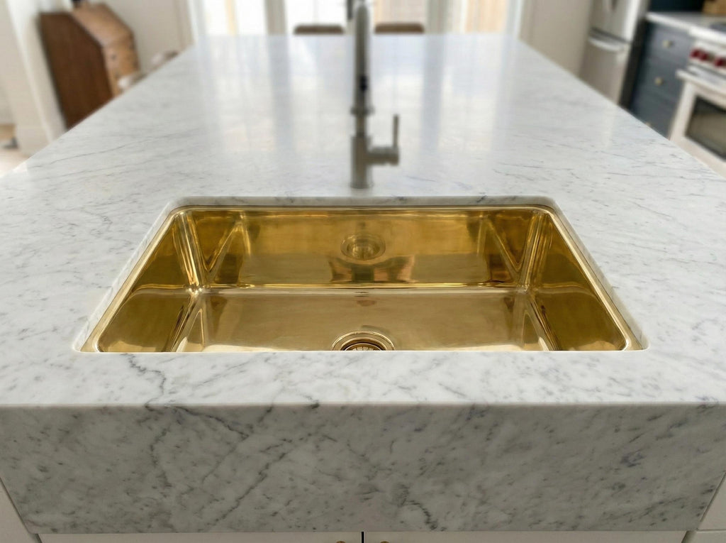 Rectangular Undermount Polished Brass Kitchen Basin – Handmade Solid Brass Prep Sink for Island, Bar or Modern Countertop