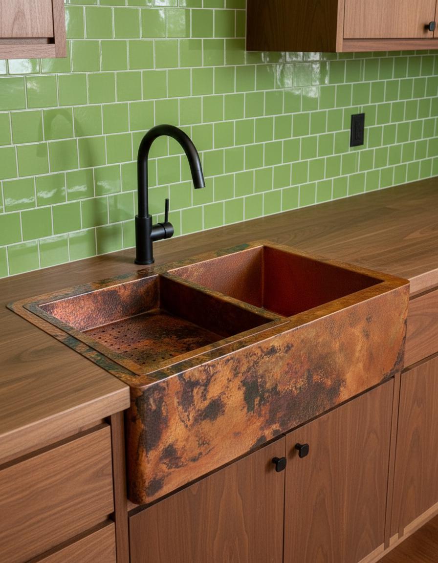 Copper Farmhouse Kitchen Sink – Double Basin Apron Front Workstation with Hammered Texture