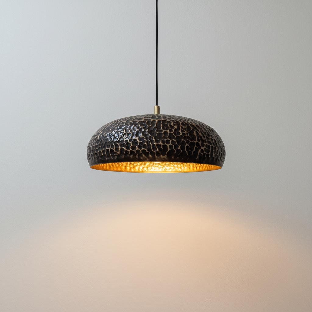 Handmade Hammered Brass Dome Pendant Light with Warm Brass Interior Ceiling Fixture