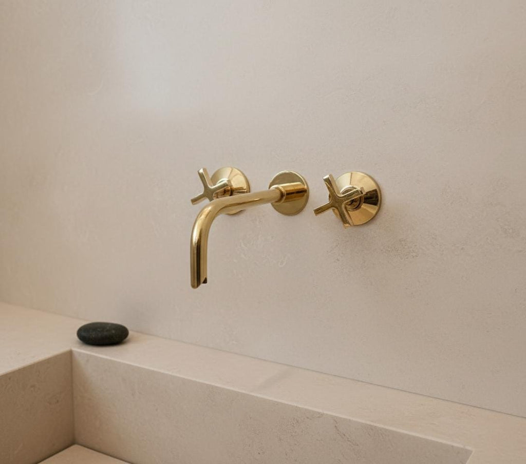 Unlacquered Brass Wall-Mount Faucet – Handmade Solid Brass Modern Cross Handle Bathroom Tap