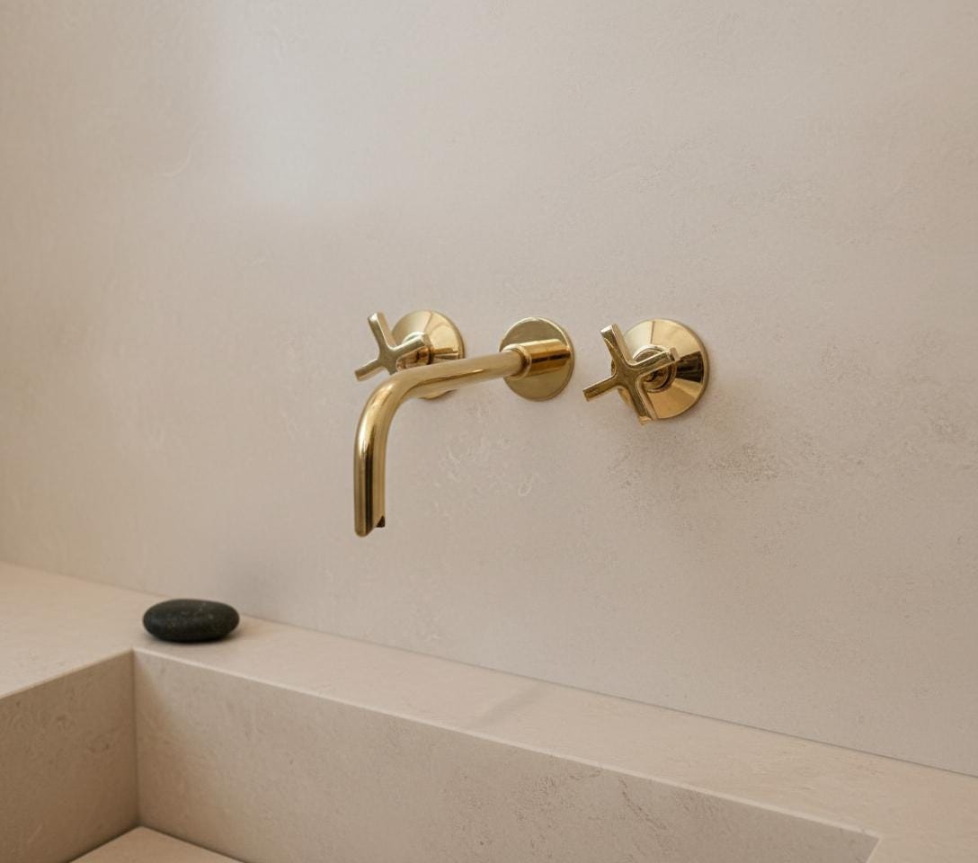 Unlacquered Brass Wall-Mount Faucet – Handmade Solid Brass Modern Cross Handle Bathroom Tap