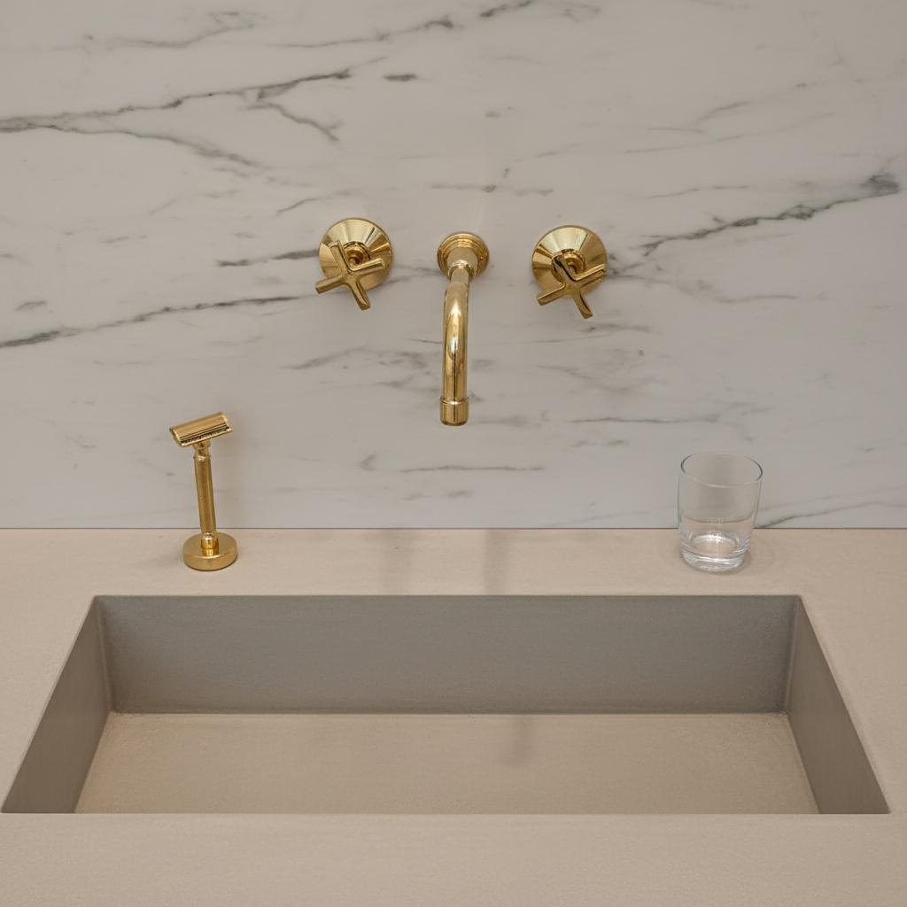 Unlacquered Solid Brass Wall Mount Faucet – Handmade Cross Handle Bathroom Mixer Or Bar Sink