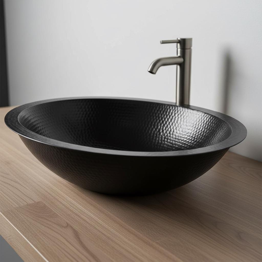 Handmade Hammered Oval Vessel Sink Solid Copper Basin with Matte Black Finish for Elegant Luxury Interiors