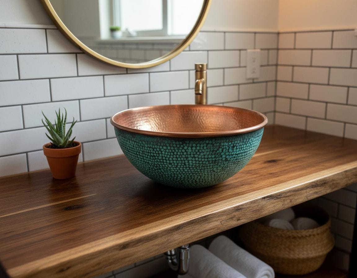 Handmade Turquoise Patina Copper Vessel Sink with Hammered Interior for Modern Bathroom Vanity Decor