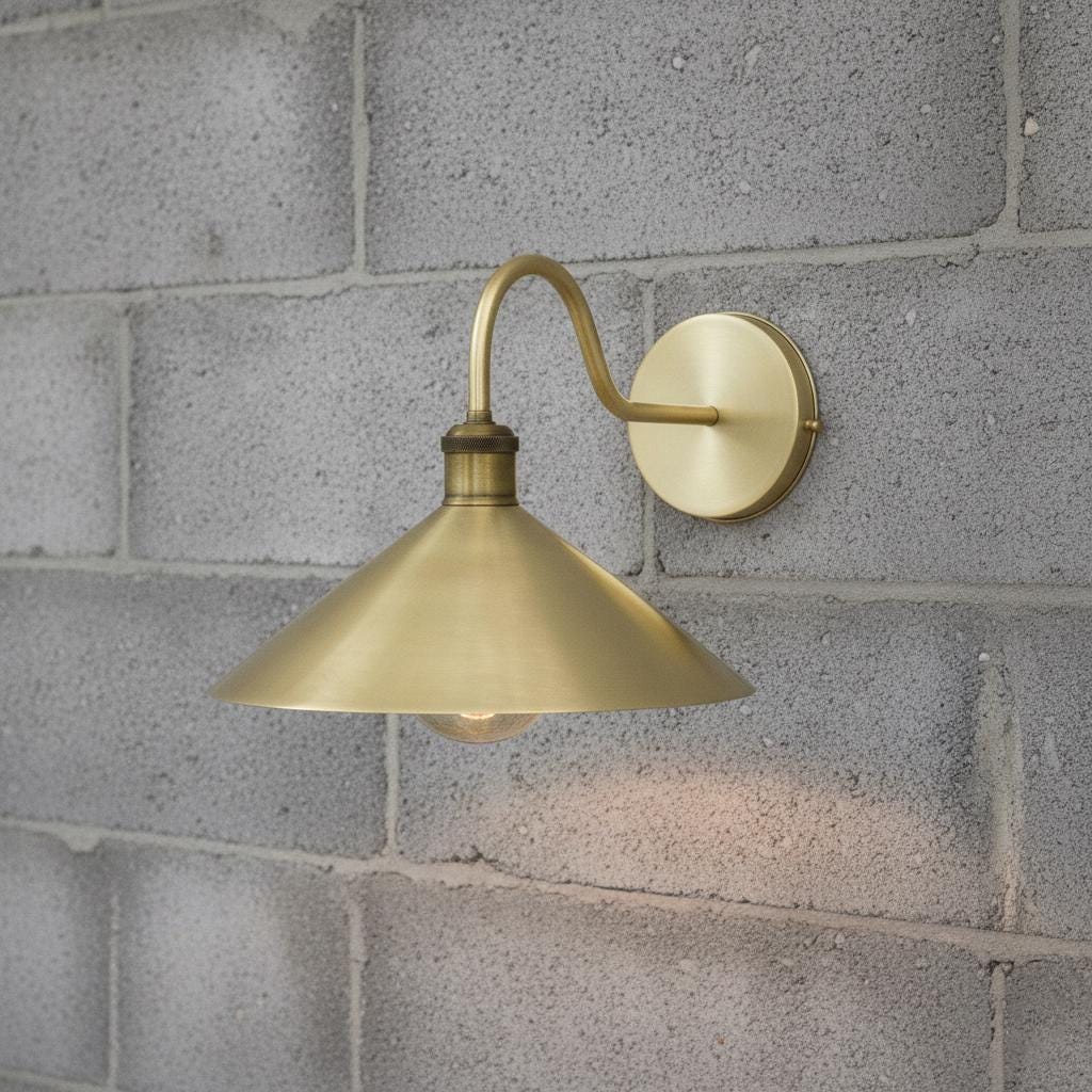Unlacquered Brass Wall Sconce – Handmade Cone Shade Light for Bathroom, Bedroom, or Hallway