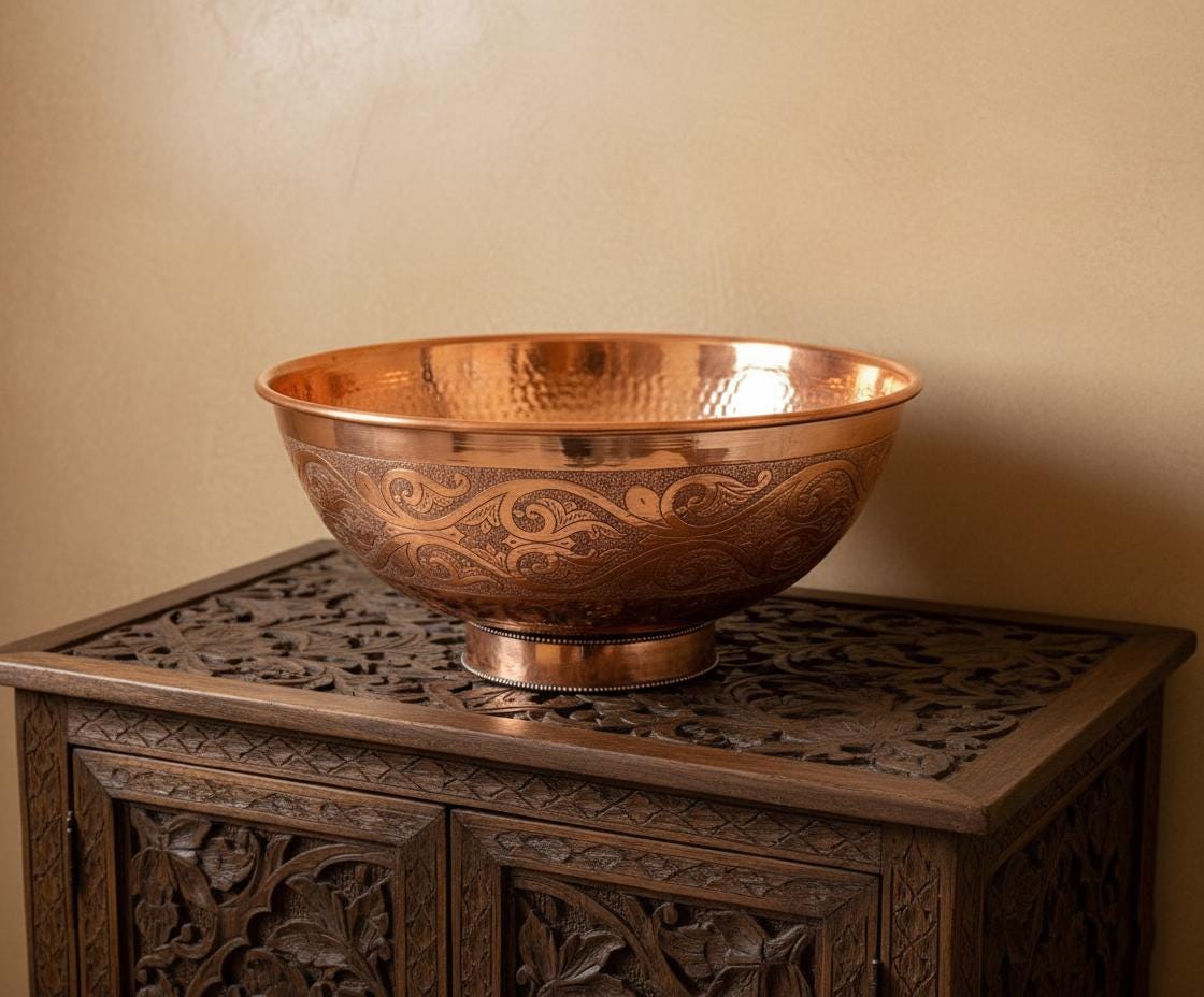 Handmade Solid Copper Vessel Sink with Engraved Bowl Design, Bathroom Vanity Countertop Basin