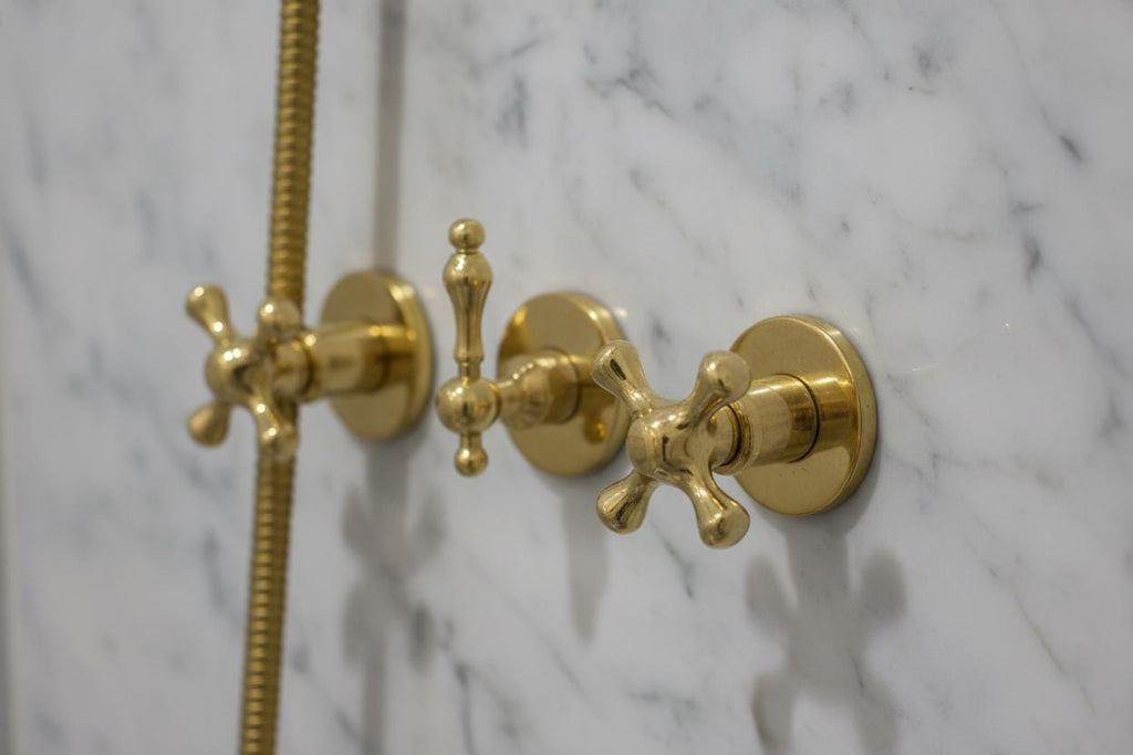 Unlacquered Solid Brass Gooseneck Shower System – 3-Handle Wall Mount Rainfall Shower with Handheld Sprayer