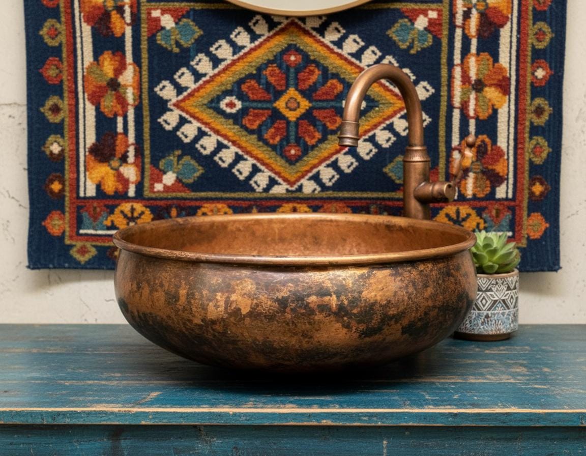 Handmade Fire Patina Copper Vessel Sink with Aged Finish for Luxury Bathroom Vanity Designs
