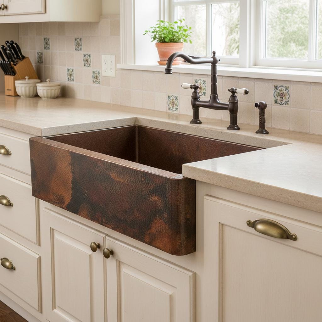 Handmade Fire Patina Hammered Copper Farmhouse Apron Front Sink for Modern Rustic Kitchen Designs