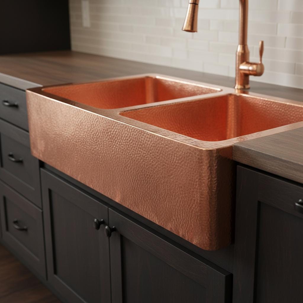 Handmade Hammered Double Bowl Farmhouse Sink Solid Copper Apron Front Kitchen Basin Design