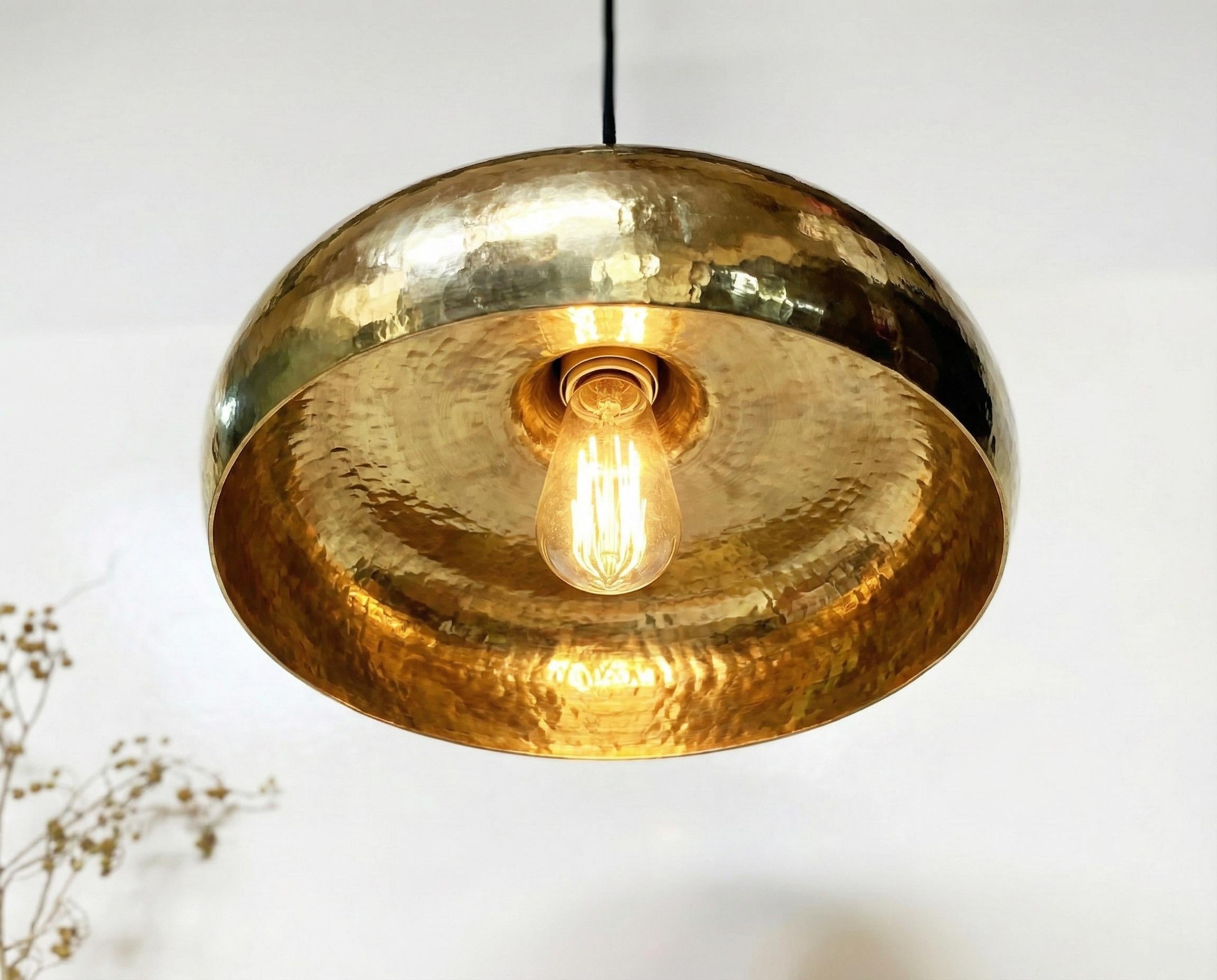 Hand Hammered Brass Pendant Light – Solid Brass Hanging Ceiling Lamp for Kitchen Island, Dining Table, Bar or Entryway
