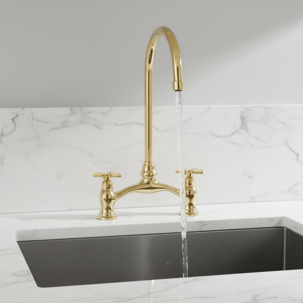 Unlacquered Brass Bridge Faucet – Solid Brass Farmhouse Sink Mixer Tap, Vintage Gooseneck Kitchen Faucet for Apron Front Sinks