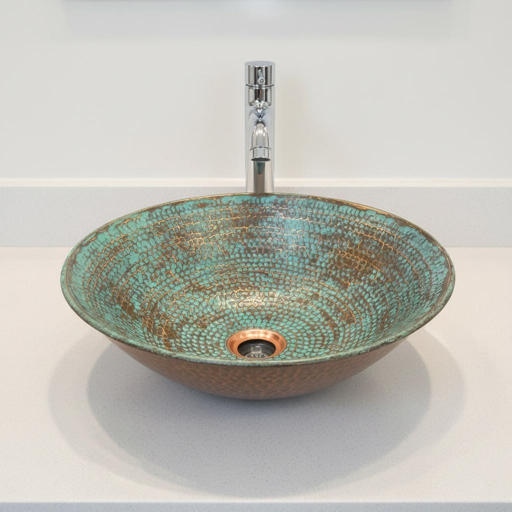 Handmade Round Copper Vessel Sink with Turquoise Patina Finish for Luxury Bathroom Vanity