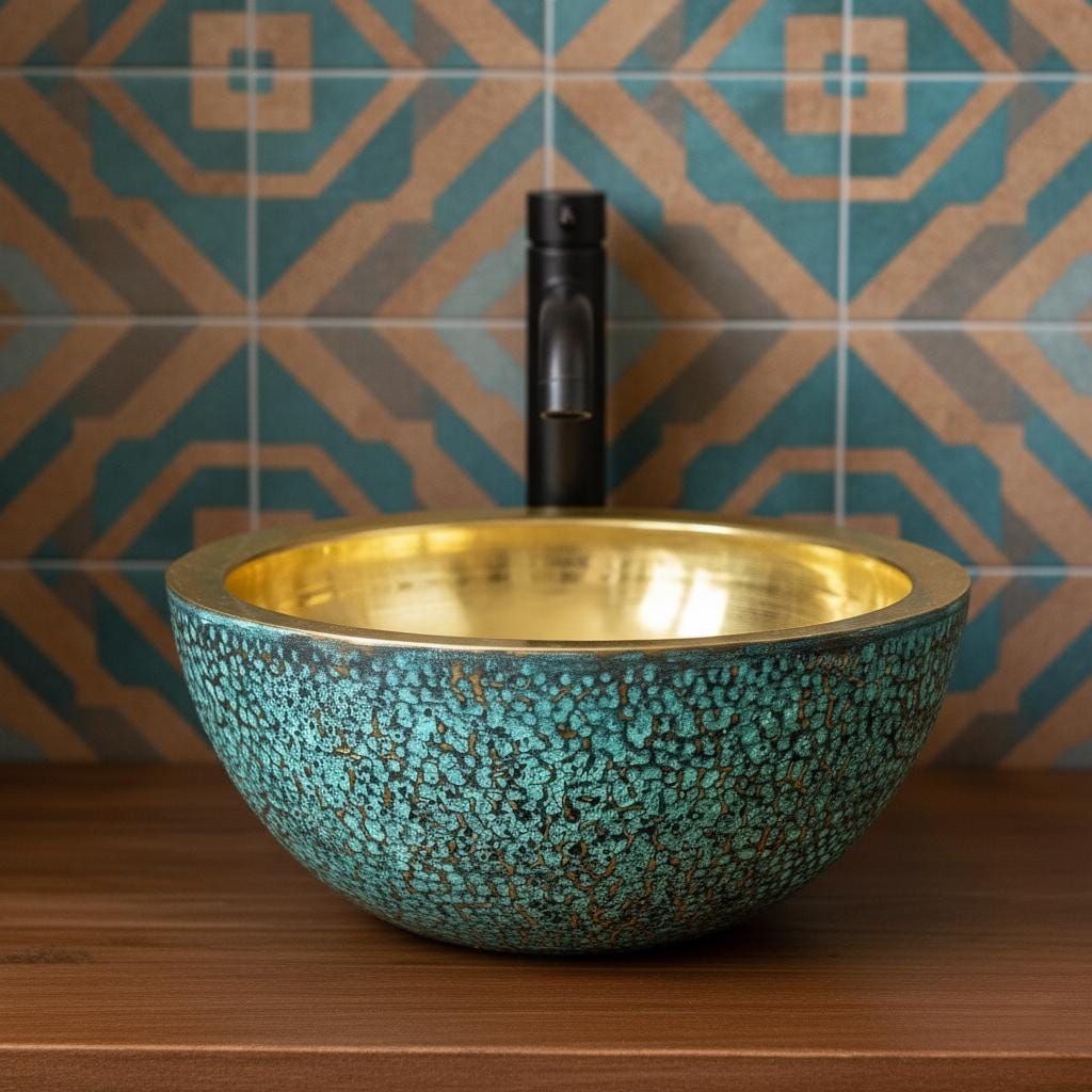 Handmade Green Patina Brass Vessel Sink: Bathroom Bowl for Vanity or Powder Room